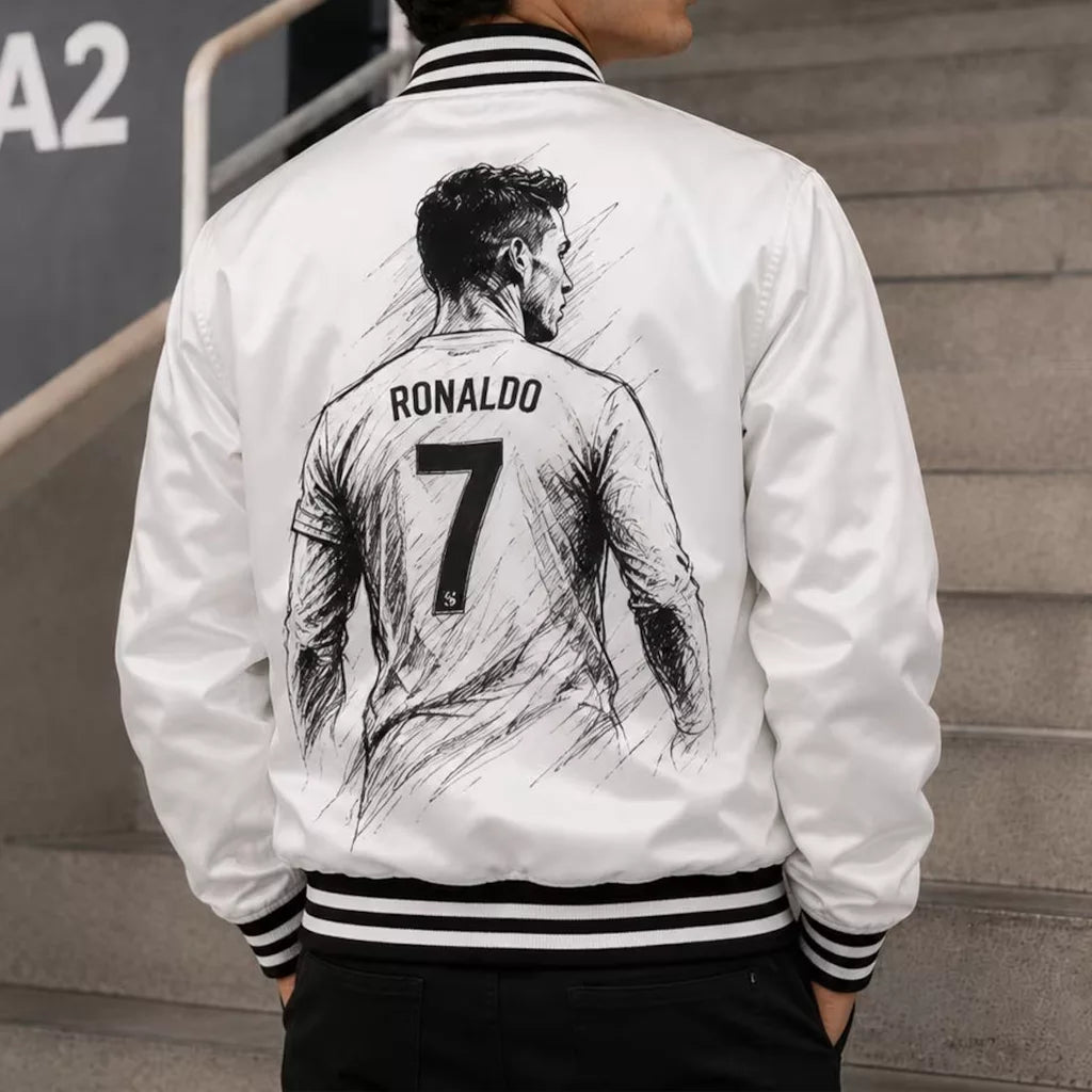CR7 Ronaldo White Satin Bomber Jacket