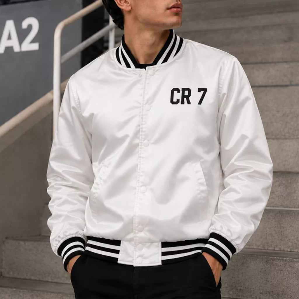 CR7 Ronaldo White Satin Bomber Jacket
