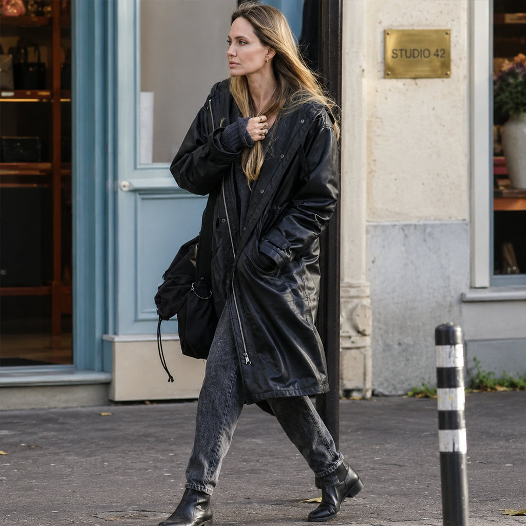 Couture 2026 Angelina Jolie Leather Coat in Black