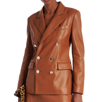 Brown Leather Blazer – Dutton Ranch S02 Annette Bening Double Breasted
