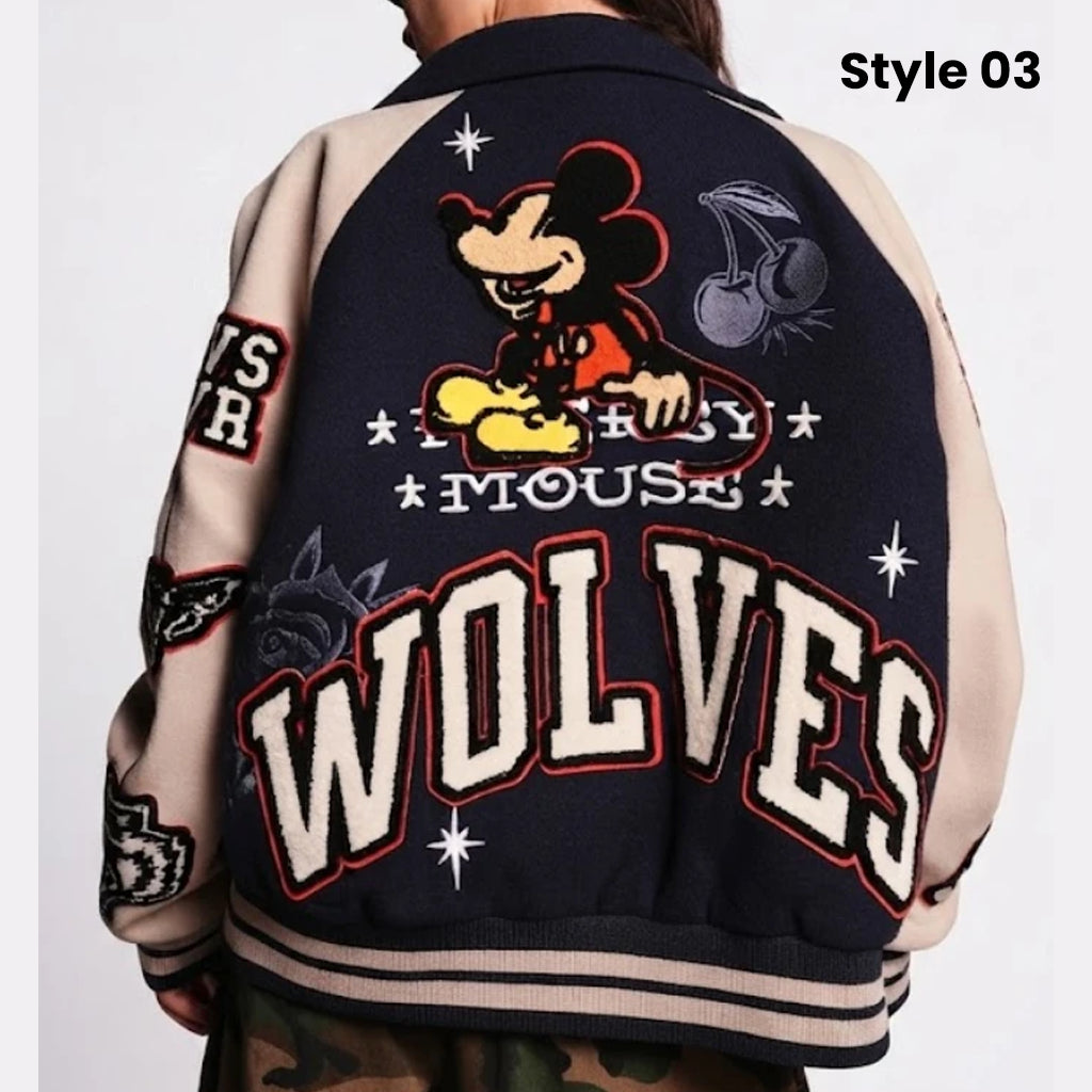 Mickey Mouse Wolves Leather Letterman Jacket