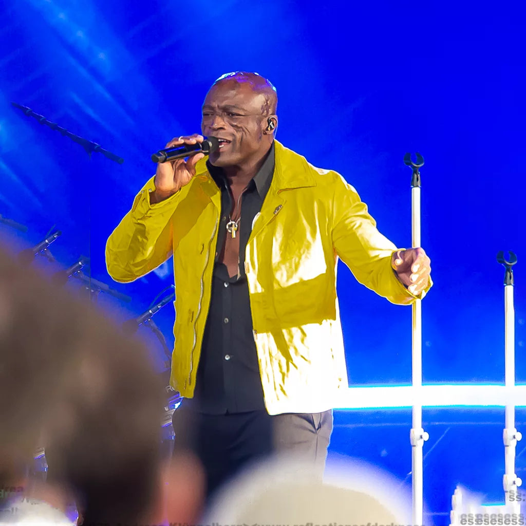 Germany Tanzbrunnen venue Cologne 2026 Seal Jacket in Yellow Leather