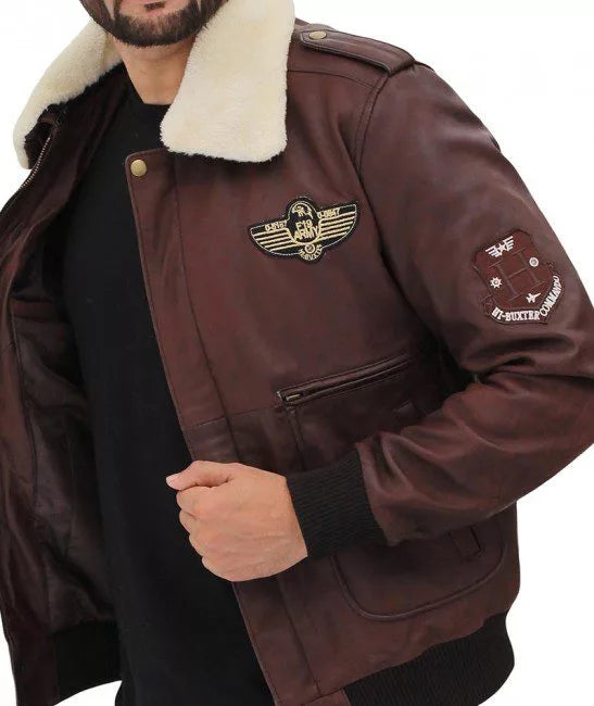 Mens Pierson With Shearling Collar Brown Leather Bomber Jacket